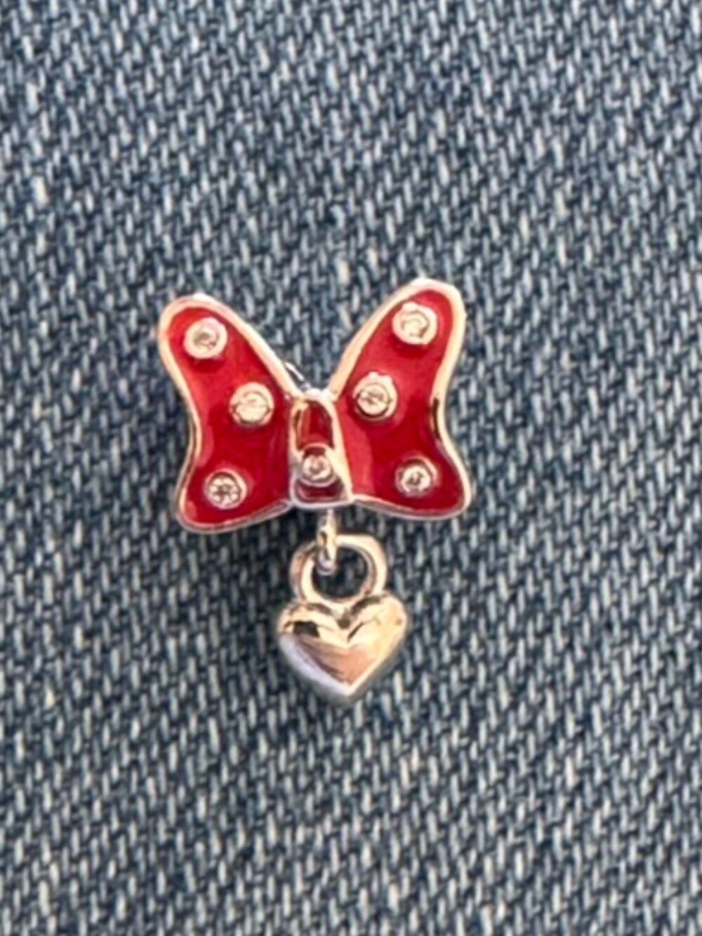 Pandora Disney Minnie Mouse Red Enamel Bow Dangle Heart Charm Sterling Silver